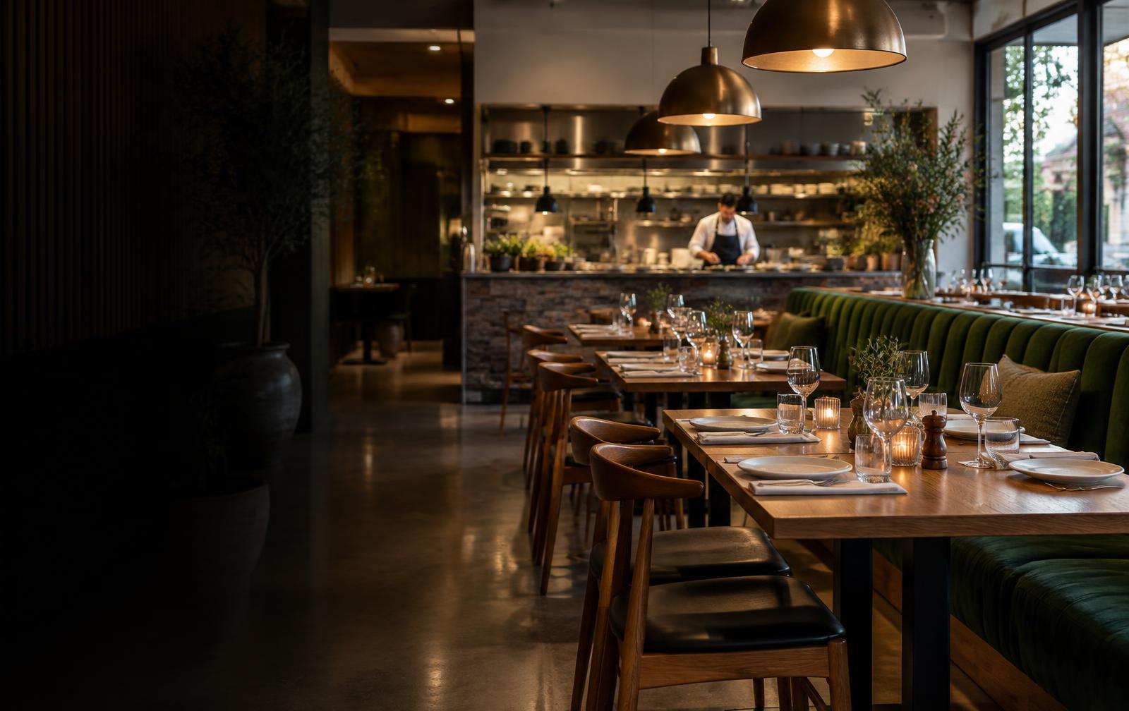Welcoming restaurant dining room with an open kitchen